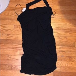 Black form fitting halter midi dress